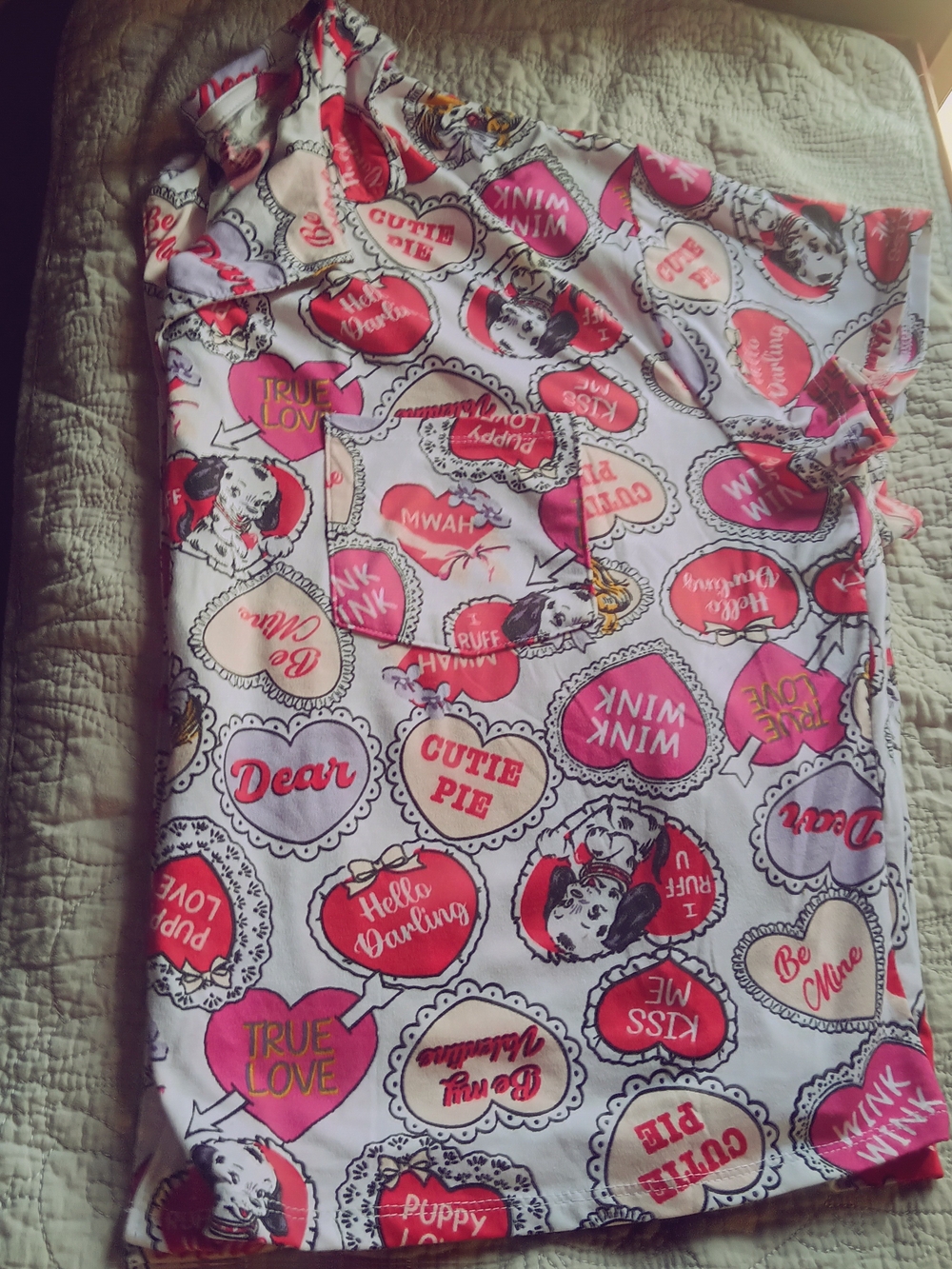 Women's White Cotton Pajama Top with Pink & Red Heart Print